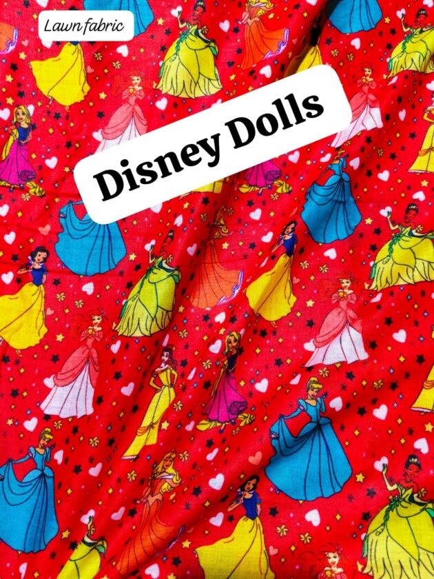 Front view of Disney Dolls 40' Width Unstitched Lawn fabric – HnA Boutique Pakistan
