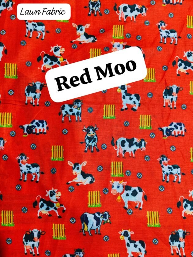 Front view of Red MooWidth 40’ unstitched lawn fabric – breathable red summer fabric by HnA Boutique Pakistan