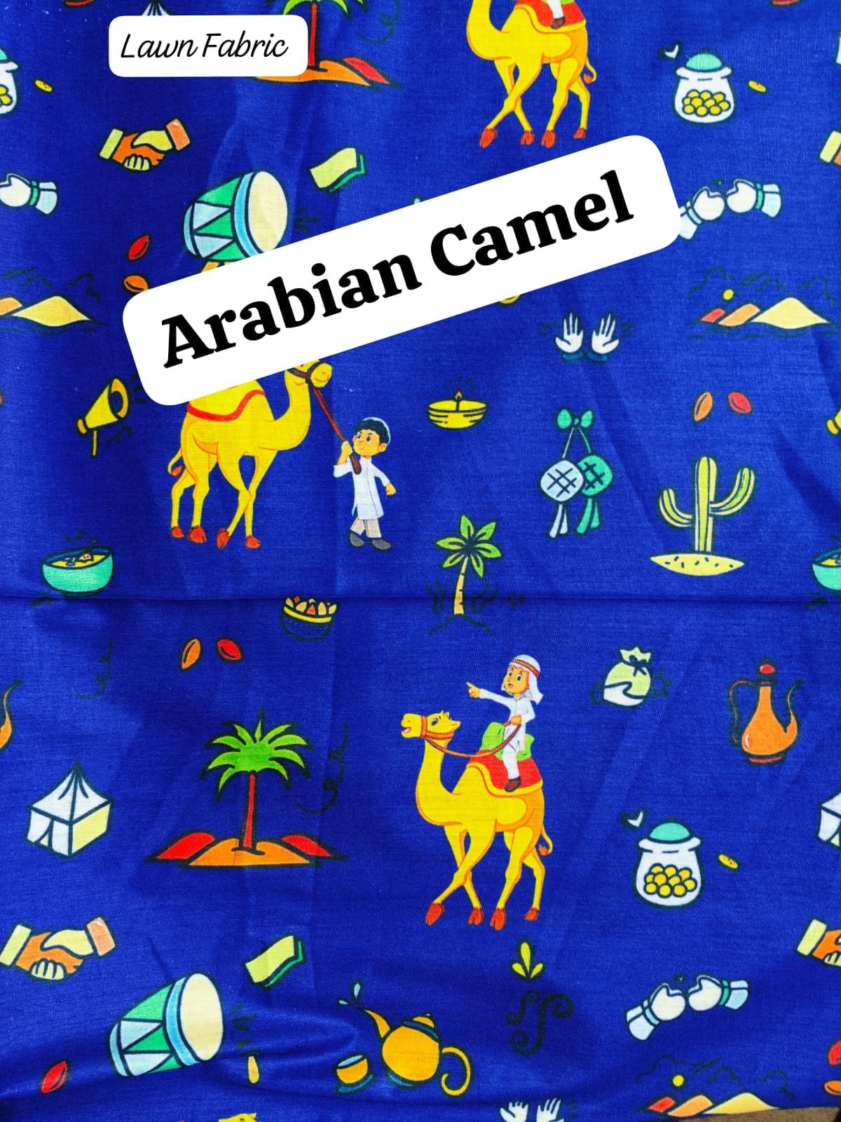 Front view of Arabian Camel 40' Width unstitched lawn fabric with camel print – HnA Boutique Pakistan