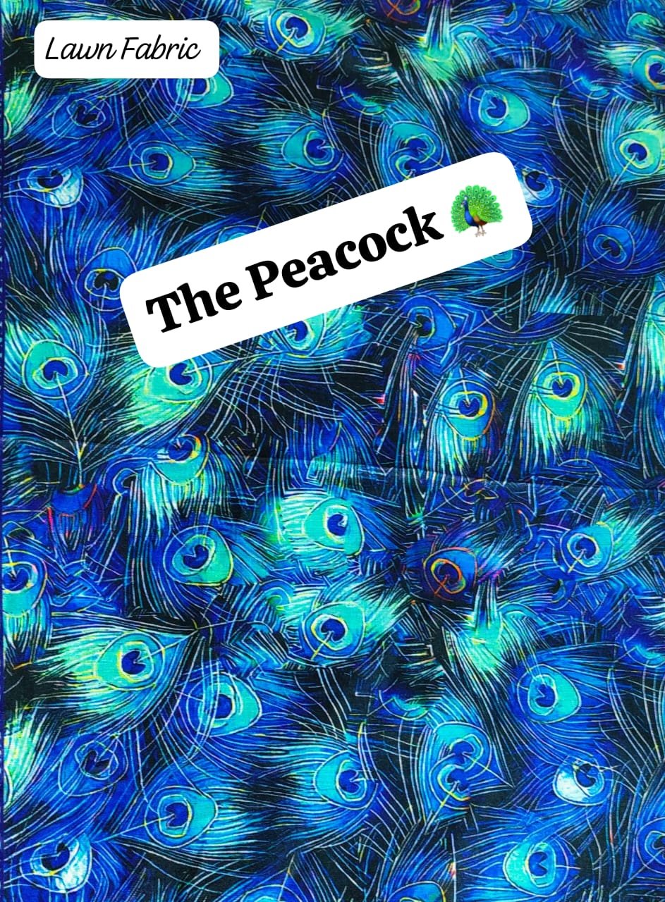 Front view of The Peacock unstitched lawn fabric with bold colorful print – HnA Boutique Pakistan