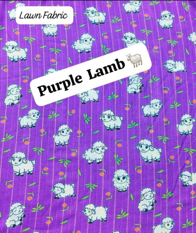 Front view of Purple Lamb 40’ digital lawn fabric with quirky lamb print – HnA Boutique Pakistan