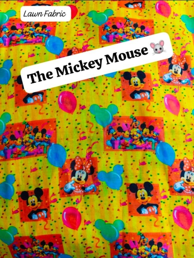 Close-up of The Mickey Mouse 40’ digital lawn fabric with colorful cartoon print – HnA Boutique Pakistan
