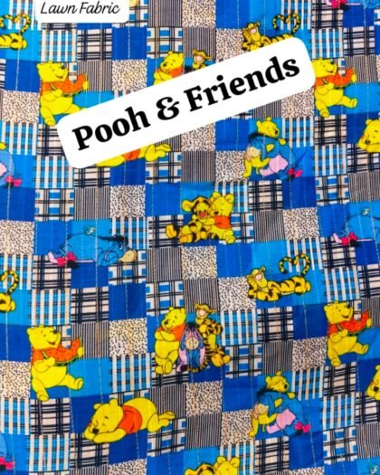 Front view of Pooh & Friends 40’ digital lawn fabric with colorful cartoon print – HnA Boutique Pakistan