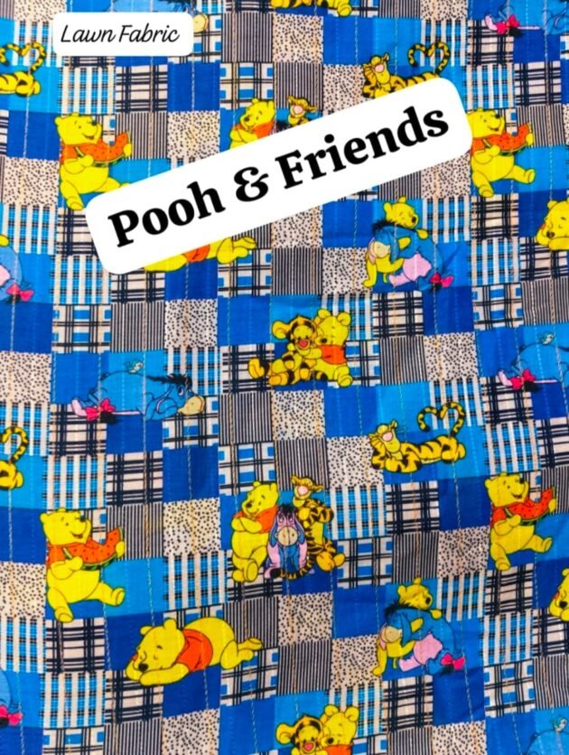 Front view of Pooh & Friends 40’ digital lawn fabric with colorful cartoon print – HnA Boutique Pakistan