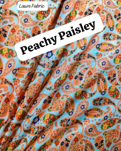Front view of Peachy Paisley 40’ digital lawn fabric with peach paisley design – HnA Boutique Pakistan