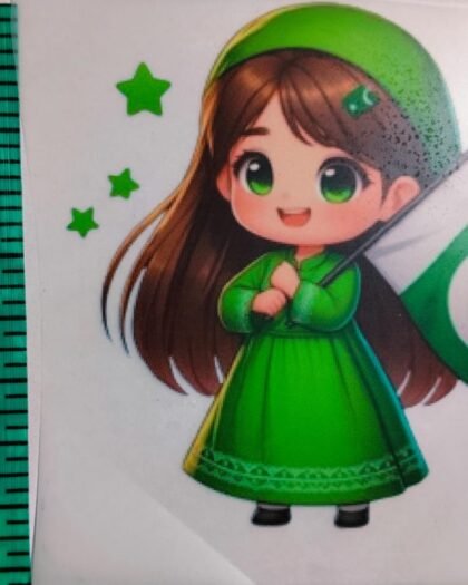 Front view of Green Frock Jashn e Azadi Doll iron-on patch – patriotic kidswear design from HnA Boutique Pakistan
