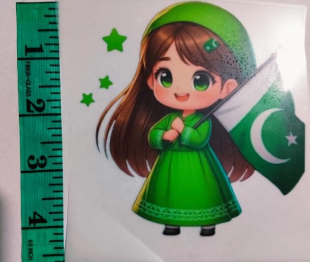 Front view of Green Frock Jashn e Azadi Doll iron-on patch – patriotic kidswear design from HnA Boutique Pakistan