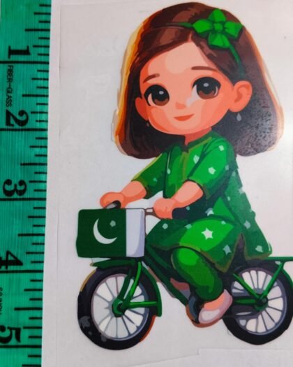 Front view of Doll on Bicycle iron-on patch – playful embroidered design for kidswear from HnA Boutique Pakistan