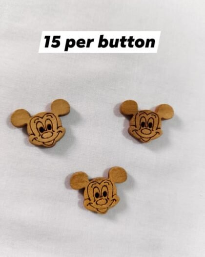 Close-up of Wooden Mickey Buttons – fun cartoon accessory for kidswear by HnA Boutique Pakistan