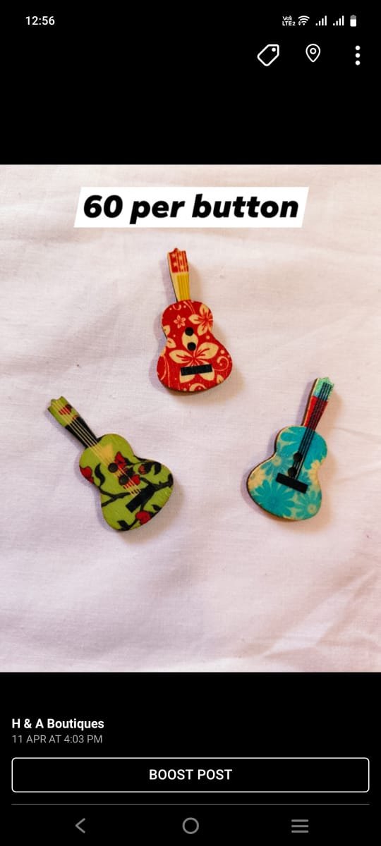 Close-up of Guitar Mix 1 wooden buttons – funky musical DIY accessory by HnA Boutique Pakistan