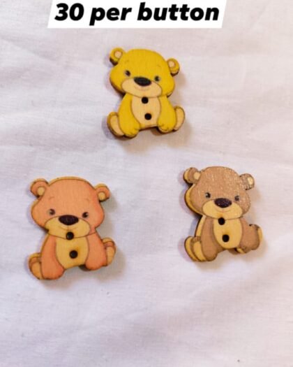 Close-up of Teddy 1 wooden buttons – cute funky accessory by HnA Boutique Pakistan