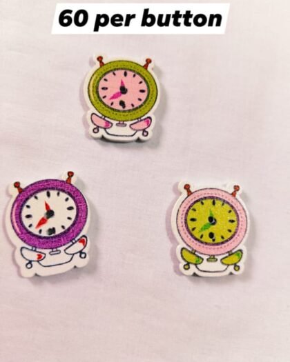 Close-up of Alarm Clock wooden button with quirky design – HnA Boutique Pakistan
