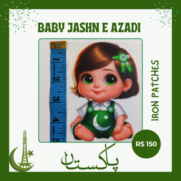 Cartoon baby girl in green Azadi dress with moon and star – iron patch for Independence Day fashion