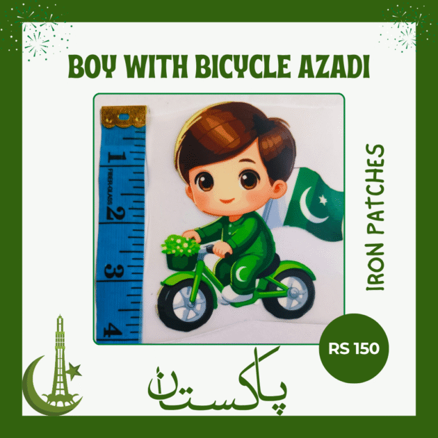 Boy on green bicycle with Pakistan flag – Azadi iron patch for kidswear