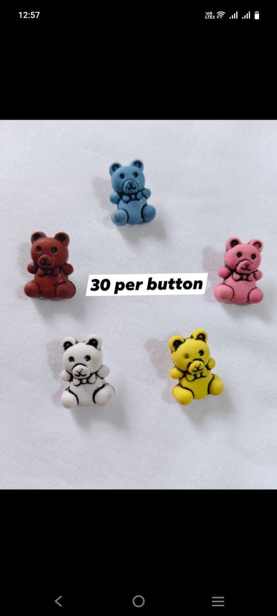 Front view of Mini Multi Teddy Buttons – colorful funky teddy-shaped buttons for kidswear at HnA Boutique Pakistan