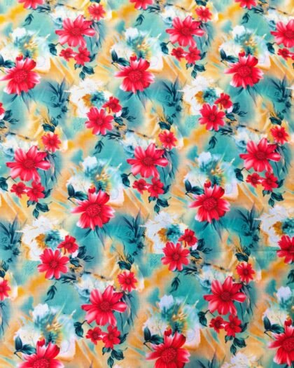 Tropical Bloom – Teal & Red Floral Lawn (63" Width)