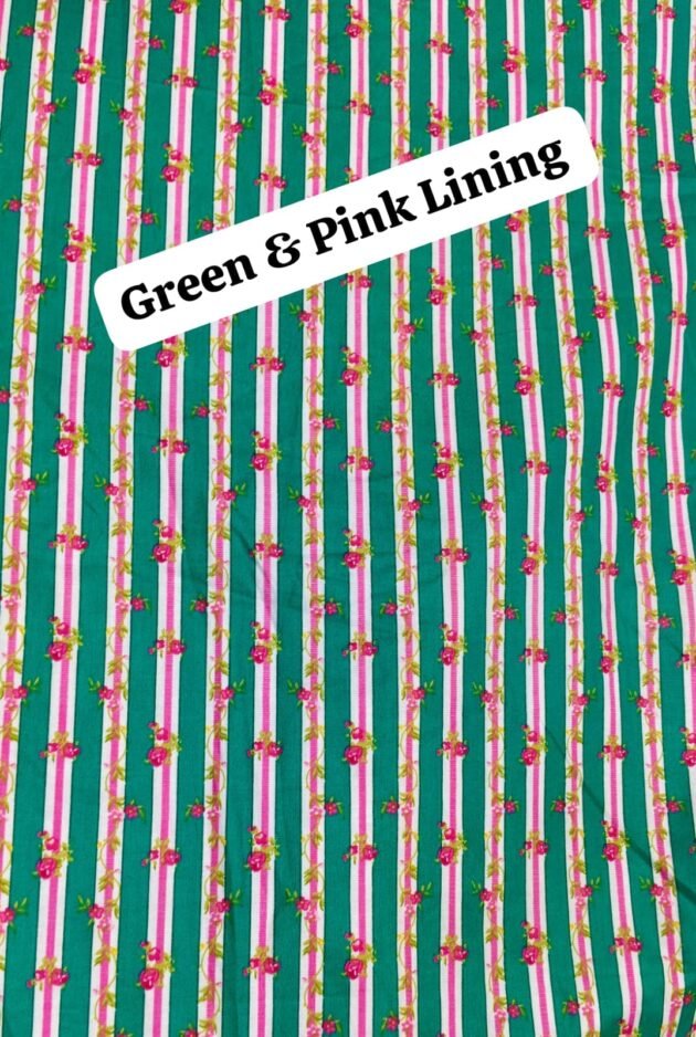 Green & pink striped floral digital printed lawn fabric – vertical vines and stripes on breathable 45" lawn