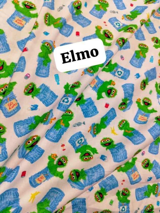 Elmo digital lawn fabric featuring Oscar the Grouch in blue trash cans with fun expressions on a light background – 45" width