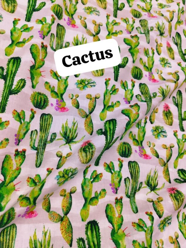 Cactus and succulent print on light-colored digital lawn fabric – breathable cotton for summer wear