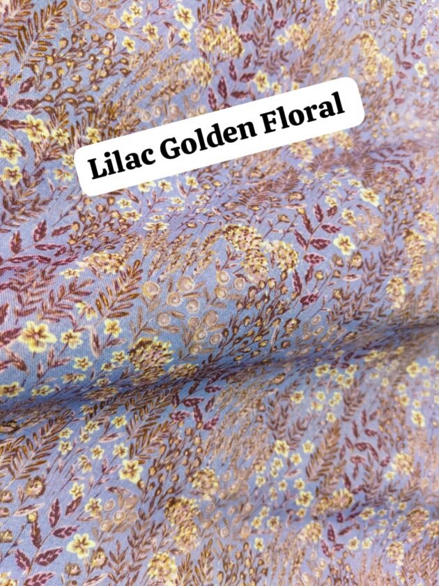 Lilac golden floral lawn fabric – 45-inch wide printed lawn with gold and maroon florals for summer wear Pakistan