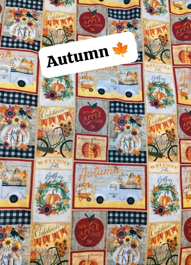 Autumn themed printed lawn fabric with pumpkins, trucks, flowers, apple cider signs, and fall phrases in warm rustic tones – 45” width