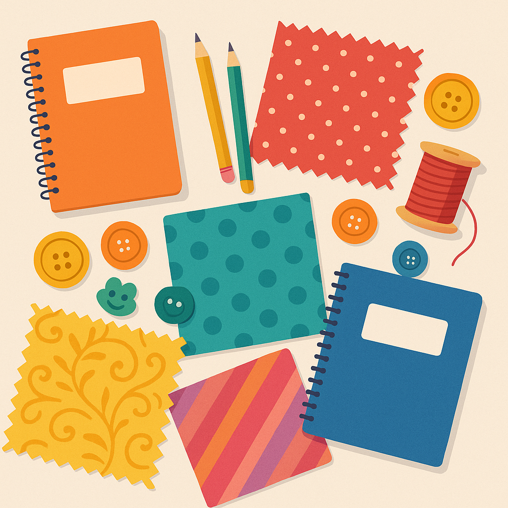 Flat lay illustration of fabrics, buttons, notebooks and pencils for DIY back-to-school sewing.